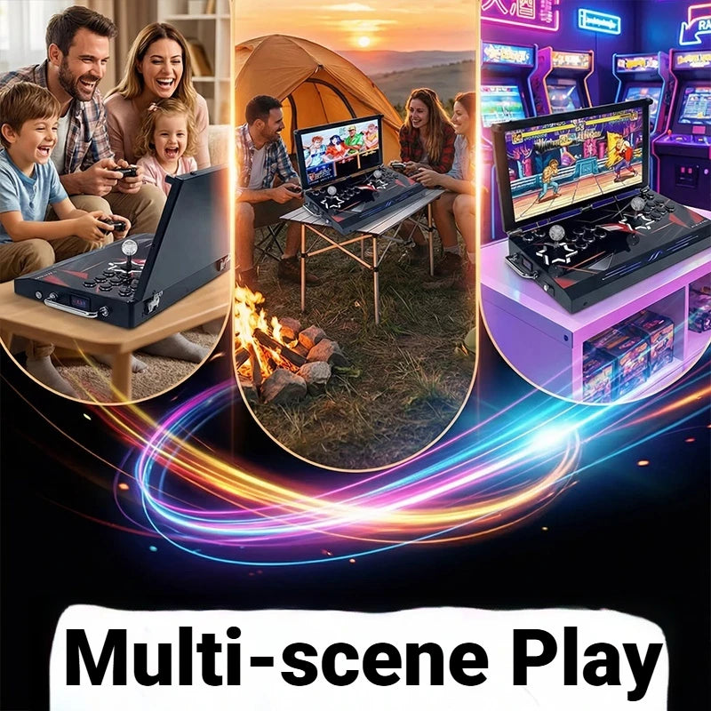 Black folding arcade game console with large screen, dual joysticks, and buttons used in various settings.