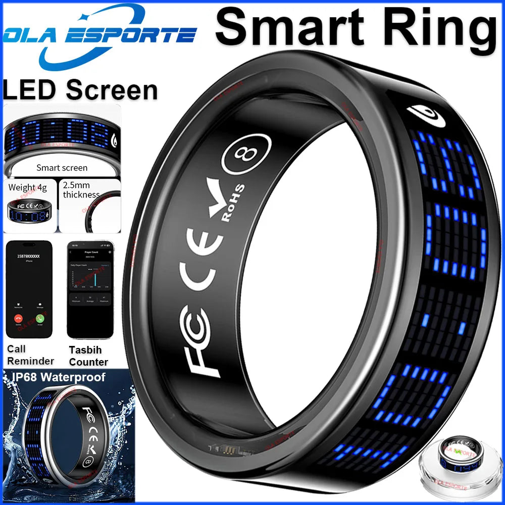 Sleek black smart ring with a blue LED digital display, featuring health tracking, call alerts, and waterproof design.