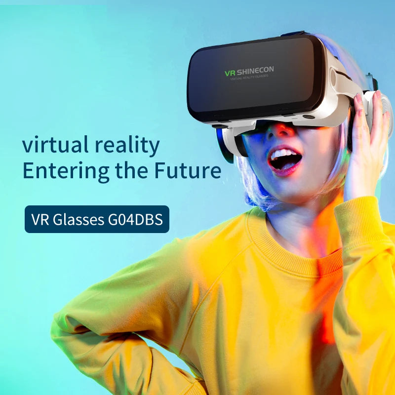 A person wears a sleek white smartphone VR headset with integrated headphones against a colourful blue and yellow light.