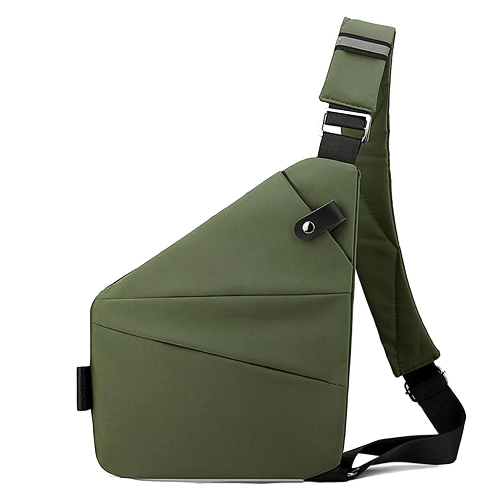 Olive green, sleek waterproof chest bag with an adjustable crossbody strap and minimalist, slimline design.