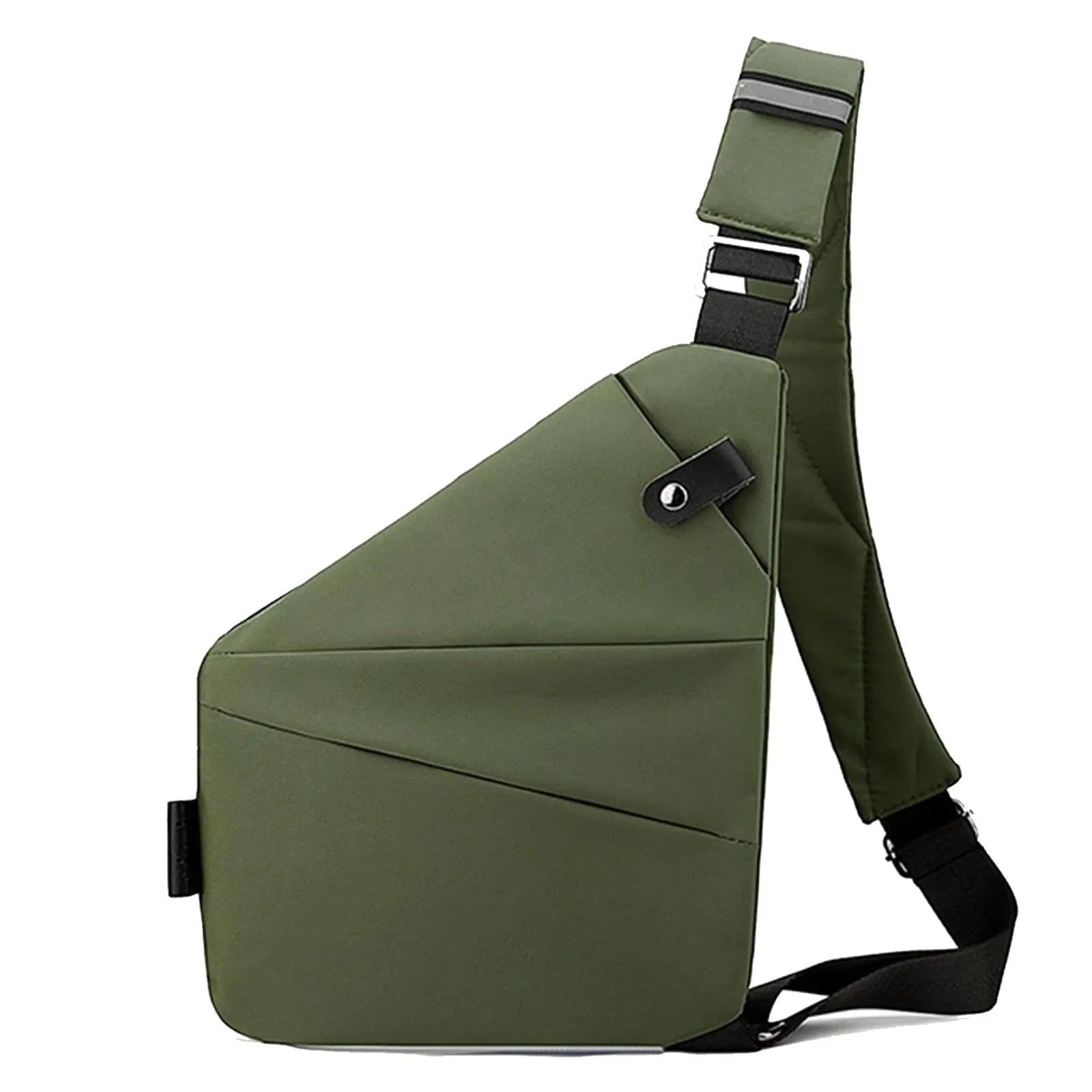 Olive green, sleek waterproof chest bag with an adjustable crossbody strap and minimalist, slimline design.