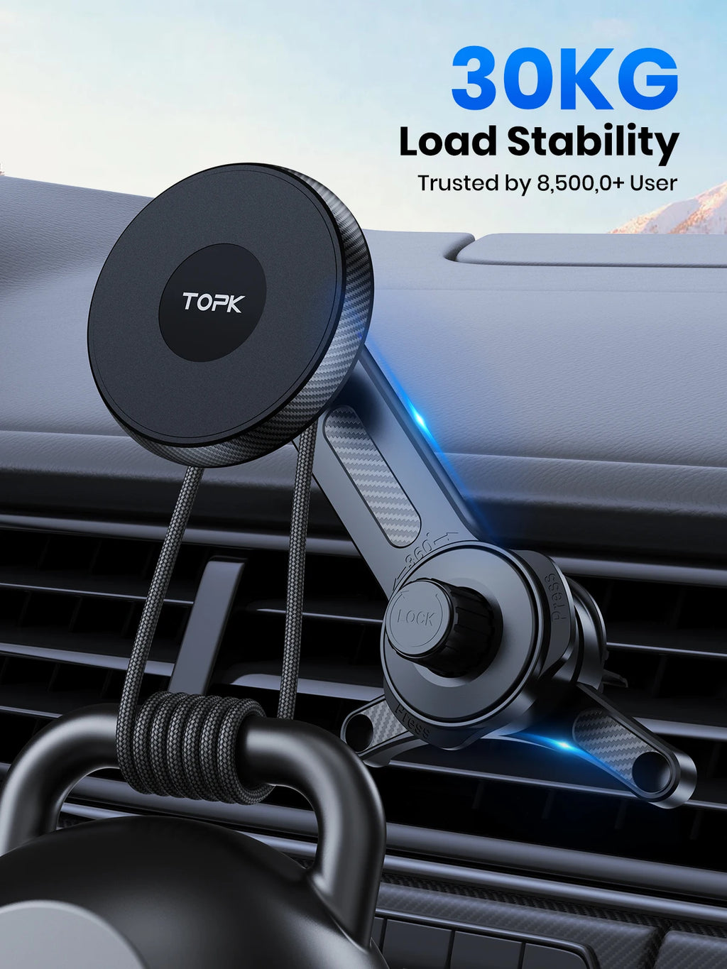 Black car phone mount with magnetic circular head and carbon fiber pattern, attached to a vehicle air vent.