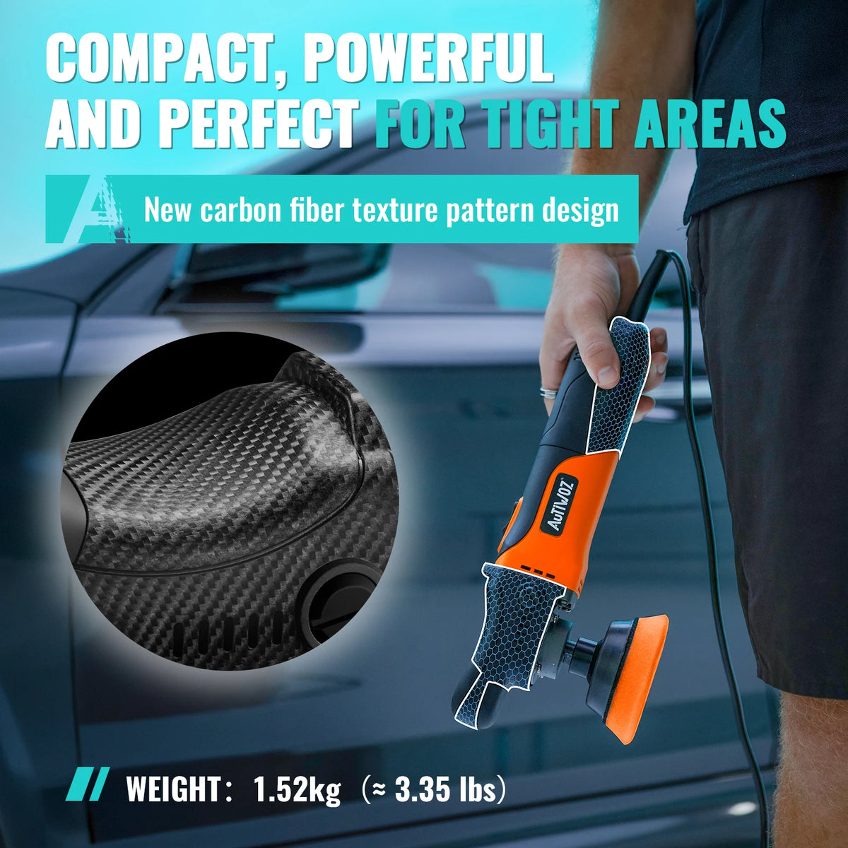 AUTIWOZ orange and black mini car polisher with carbon fiber pattern and a circular pad.