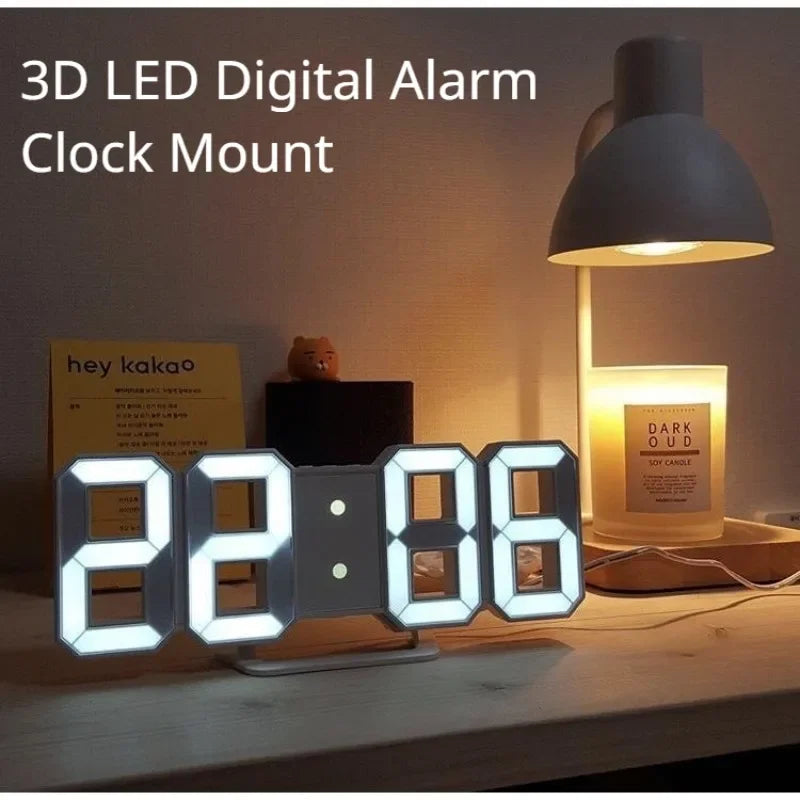 Modern white 3D LED digital alarm clock with a minimalist design, displayed on a desk with a warm lamp.