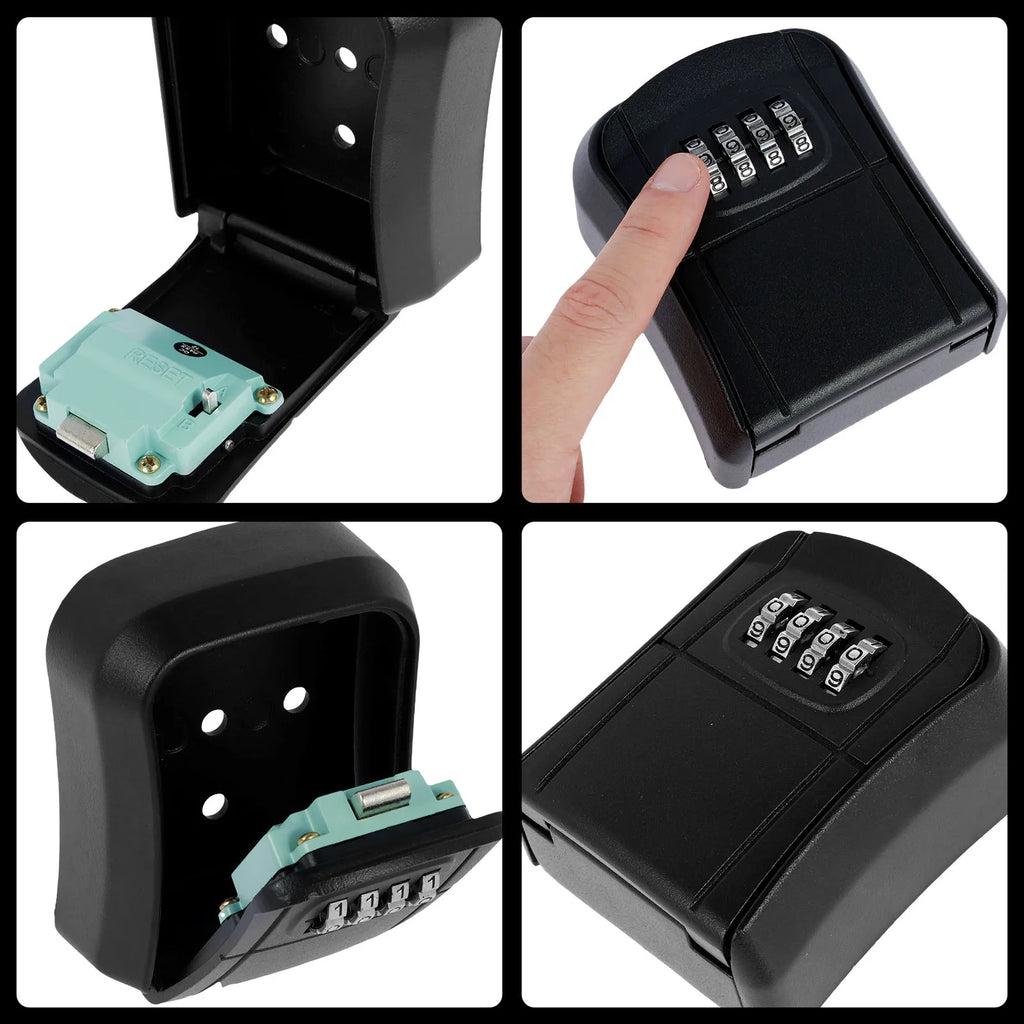 Black metal key lock box with a four-digit combination dial and internal reset switch, shown from multiple angles.