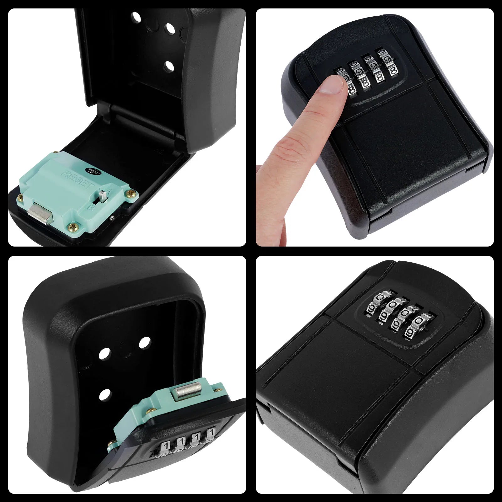 Black metal key lock box with a four-digit combination dial and internal reset switch, shown from multiple angles.