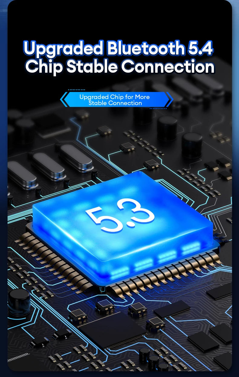 A glowing blue Bluetooth chip on a dark circuit board background, highlighting improved connection technology.