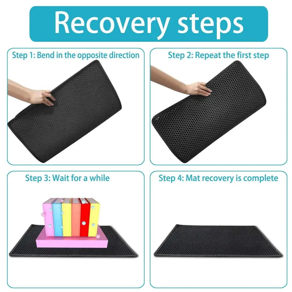 Four-step guide on how to flatten a black, double-layer honeycomb cat litter mat by bending it.