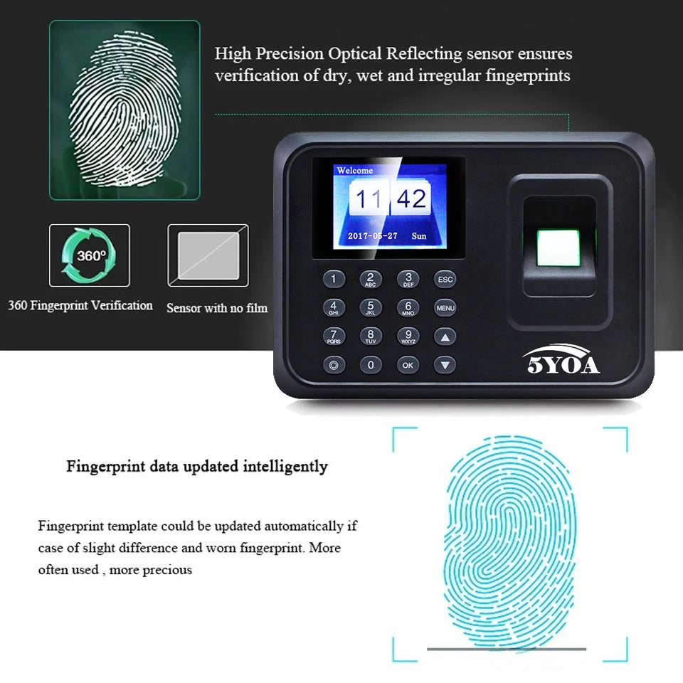 Black plastic biometric fingerprint time attendance machine with a digital keypad, screen, and optical sensor.