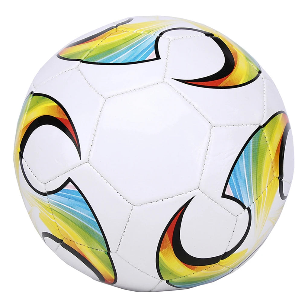 White football with a traditional stitched panel design featuring vibrant, rainbow-coloured curved graphic accents.
