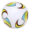 White football with a traditional stitched panel design featuring vibrant, rainbow-coloured curved graphic accents.