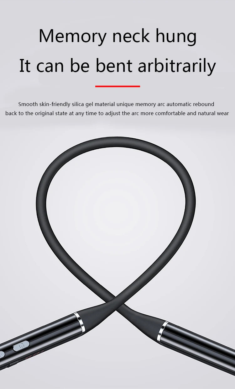 Black wireless magnetic neckband headphones with a flexible, skin-friendly silicone band.