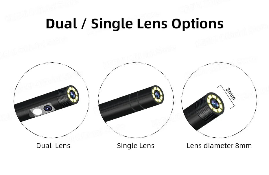 Industrial inspection camera showing dual and single lens options with 8mm diameter and LED ring lights.