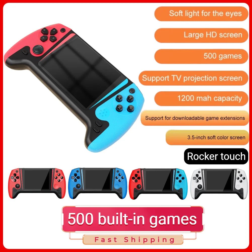Retro handheld game console with red and blue grips, central screen, D-pad, joystick, and action buttons.