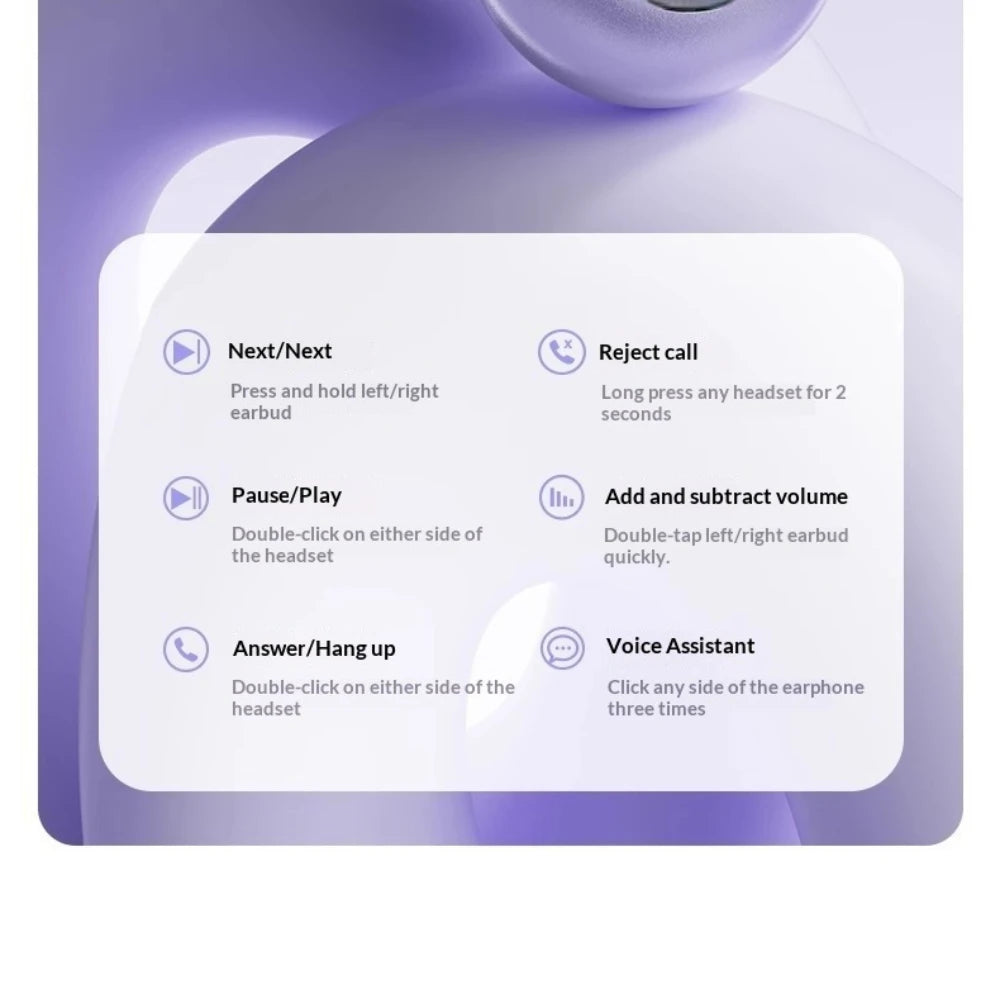 Infographic showing touch controls for wireless earbuds against a soft, rounded lavender background.