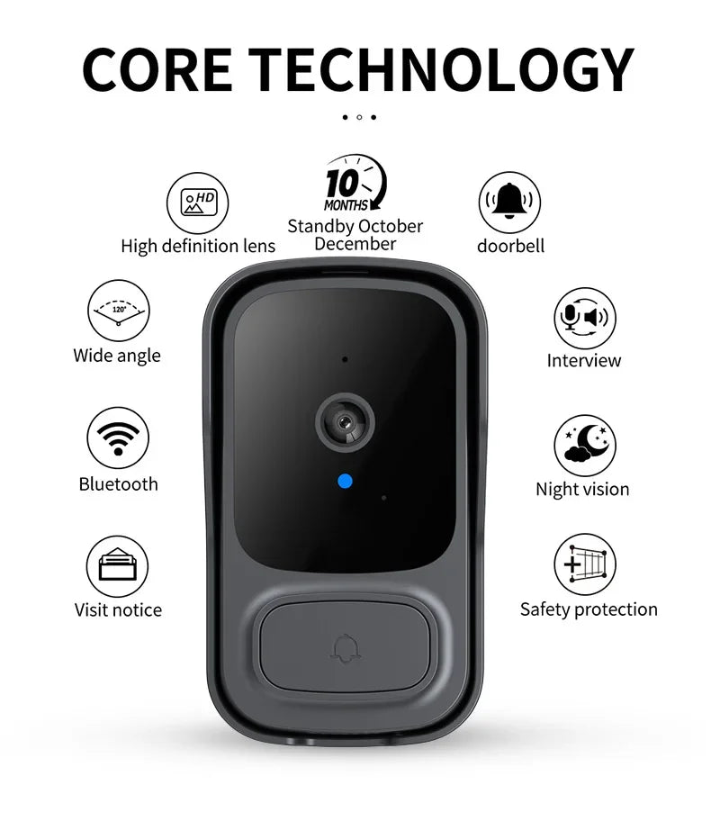 Black wireless video doorbell with wide-angle HD lens, night vision, and two-way audio, surrounded by feature icons.