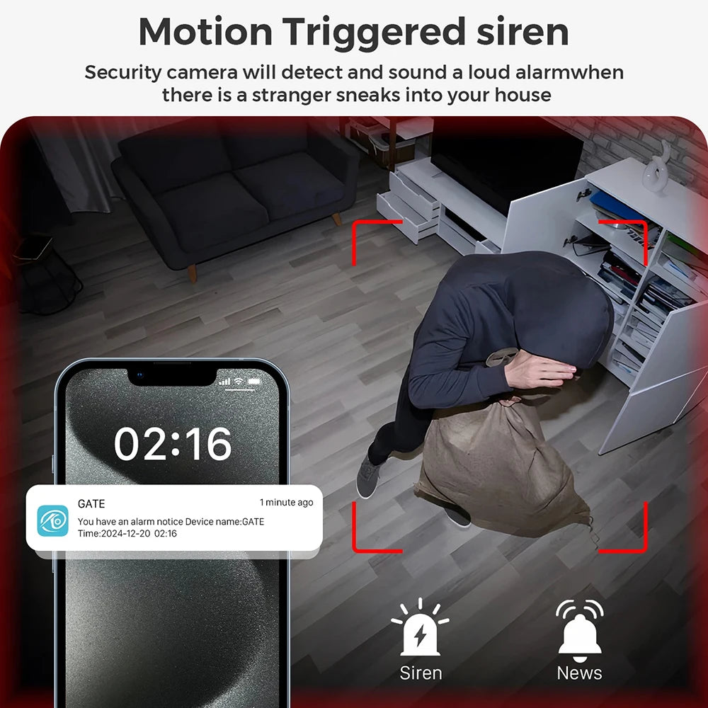 Smartphone screen showing a motion-triggered security camera app notification and a live feed of an intruder.