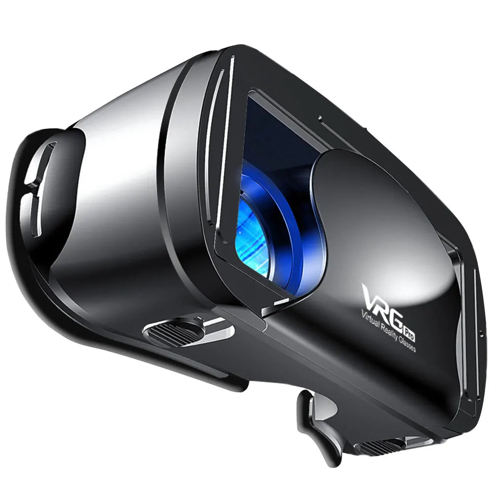 Glossy black virtual reality headset with an open front panel and visible blue lens, angled on a white background.
