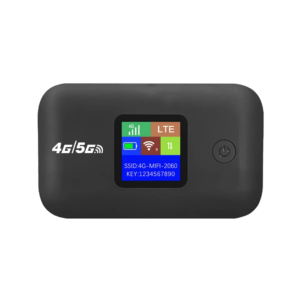 Compact black portable 4G LTE wireless WiFi router with a colour LCD screen displaying signal, battery and connection.