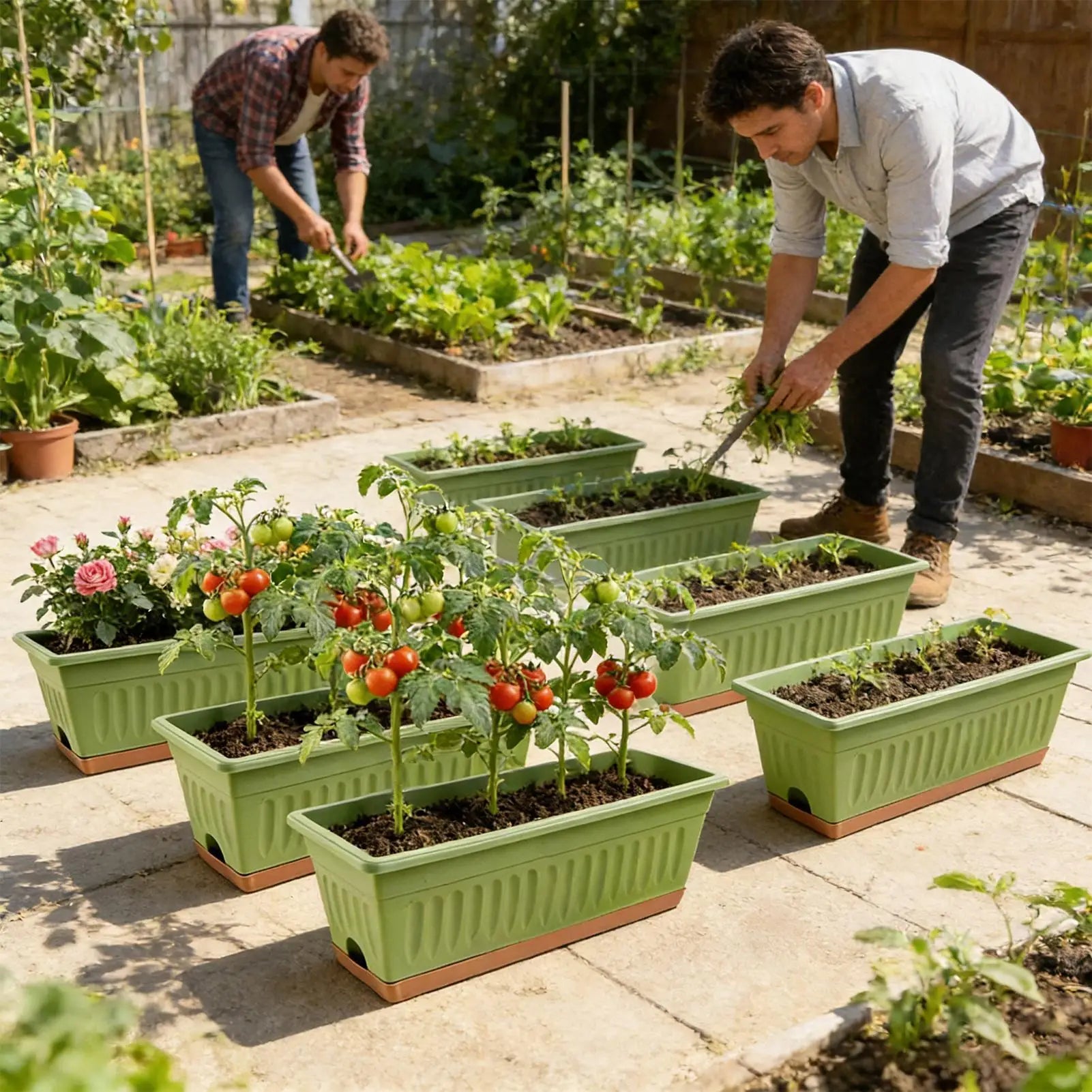 Four rectangular sage green planters with terracotta bases, some holding tomato plants and flowers in a garden.