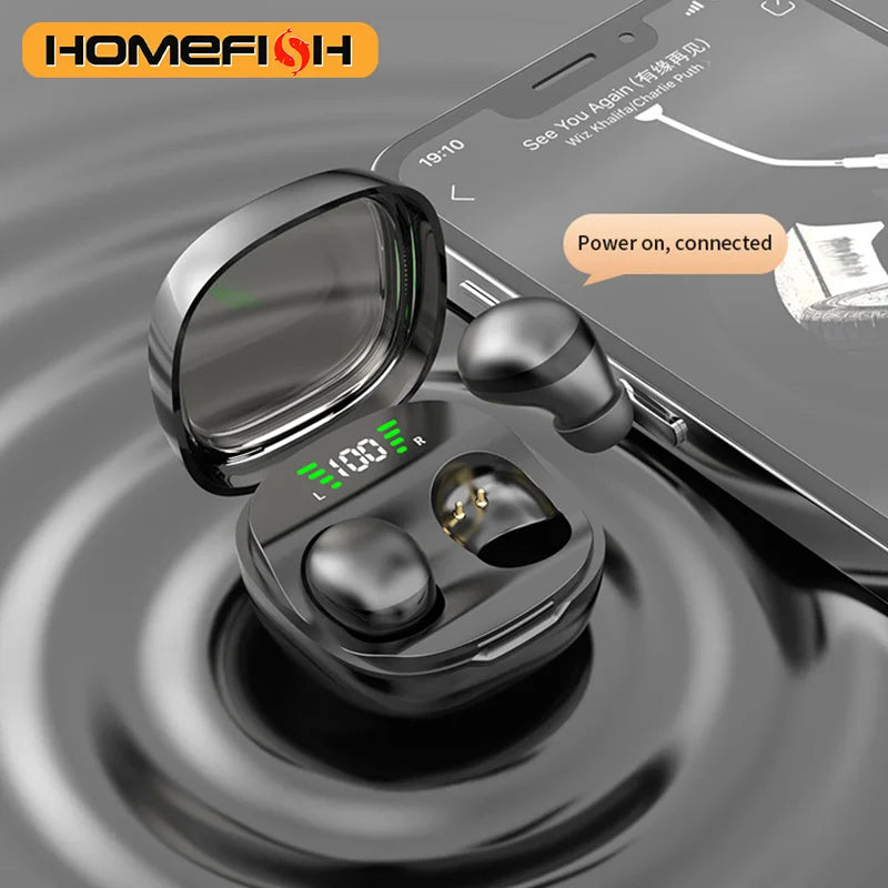 Black wireless earbuds in a charging case with a digital battery display, next to a smartphone.