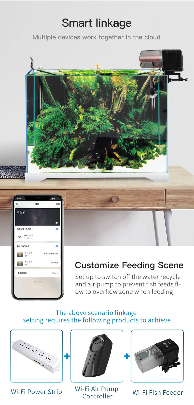 Smart fish tank with an automatic feeder, controlled via a smartphone app. Includes Wi-Fi power strip and pump controller.