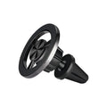Black magnetic car air vent phone mount with a sleek, circular design and brushed metal finish.