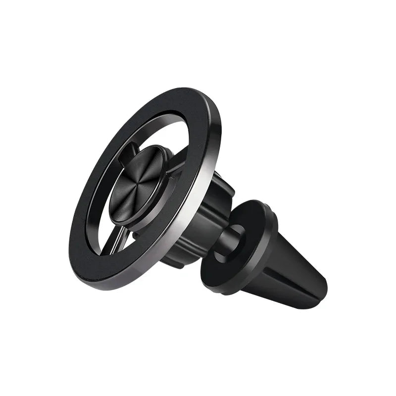 Black magnetic car air vent phone mount with a sleek, circular design and brushed metal finish.