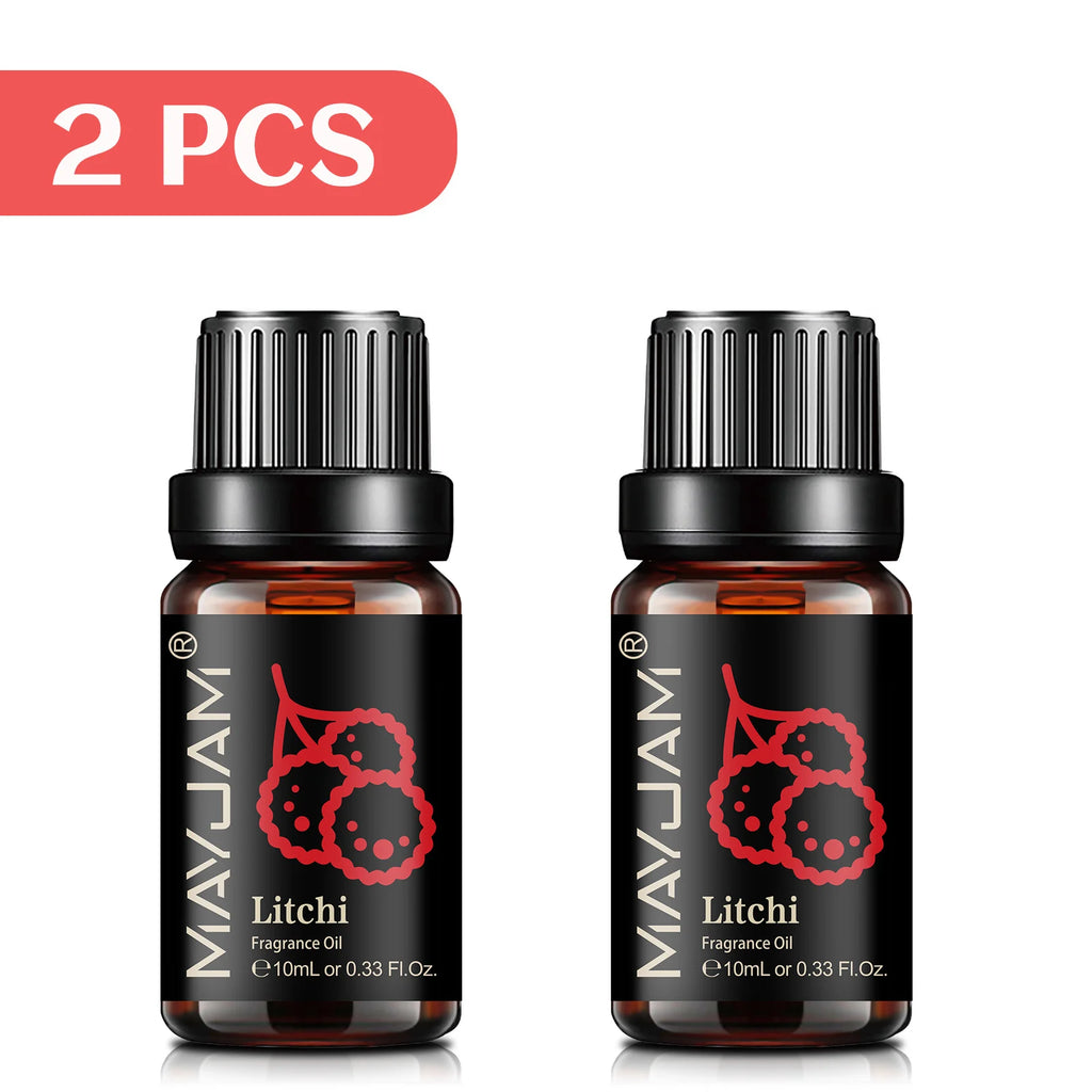 Two 10ml amber glass bottles of litchi fragrance oil with black dropper caps and black labels, sold as a two-pack.