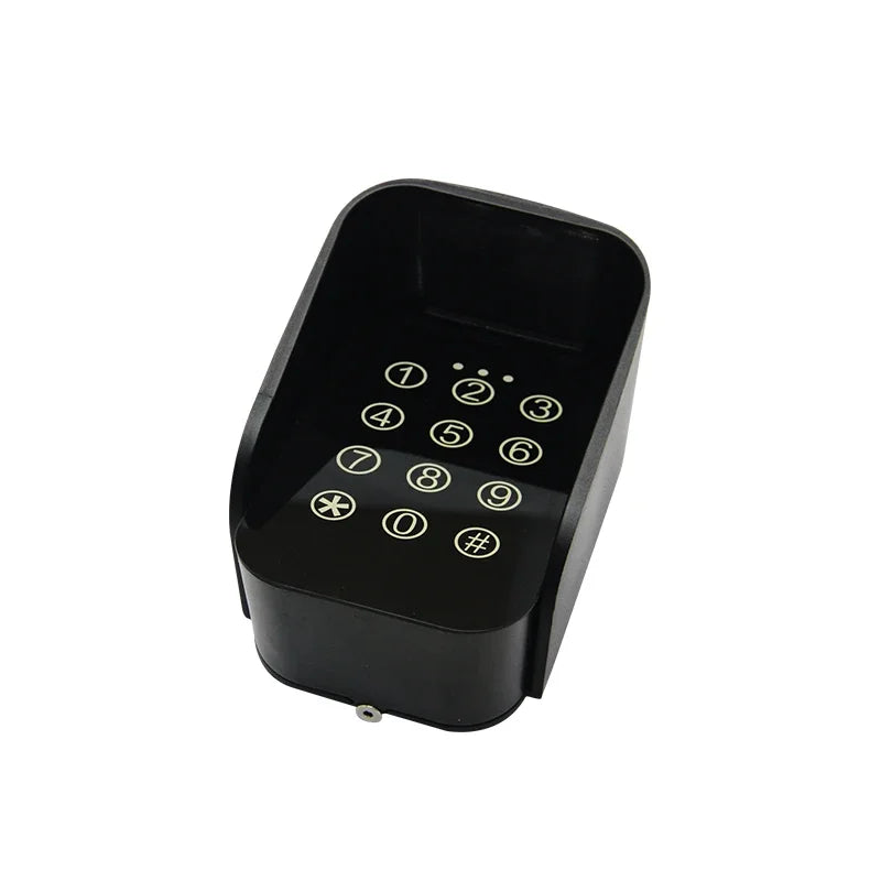 Black plastic electronic keypad for access control with numerical buttons and a protective top cover.