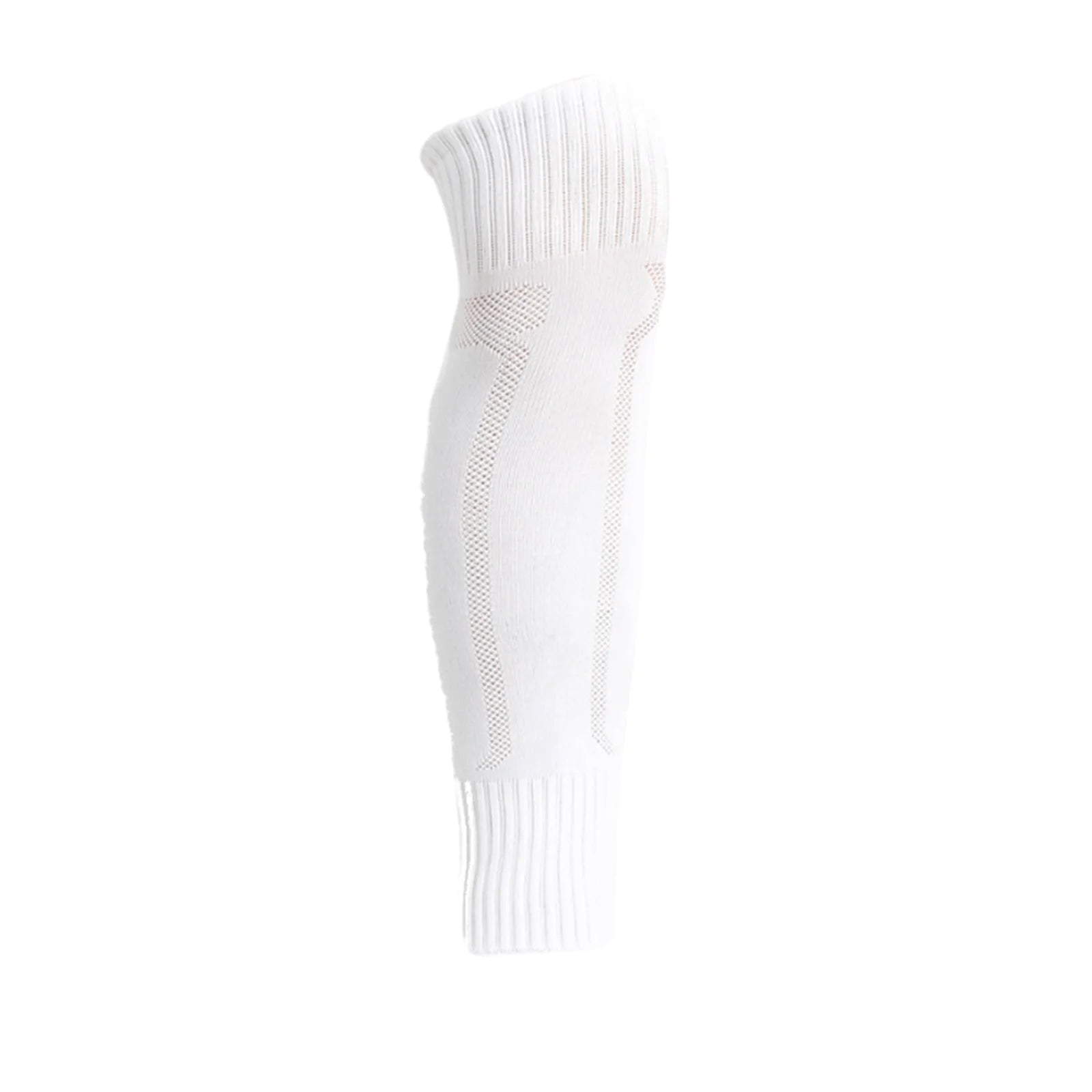 Plain white sports compression sleeve with a ribbed cuff and breathable mesh panels for added comfort and support.