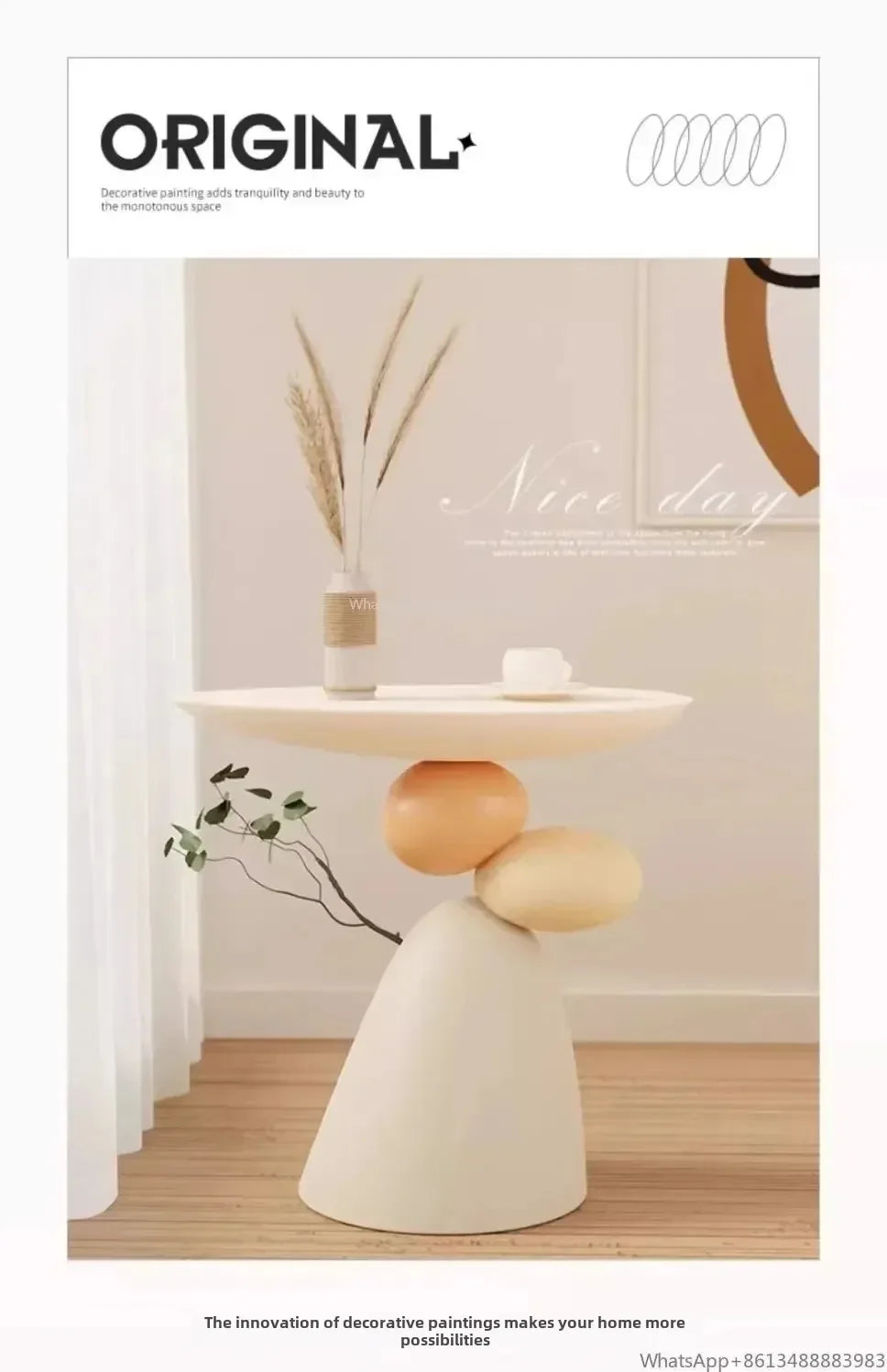 Minimalist cream side table featuring a round top supported by a sculptural base of stacked pebble-shaped forms.