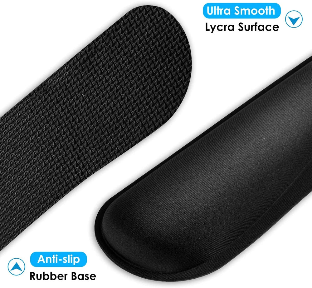 Black keyboard wrist rest with a smooth Lycra surface and a textured anti-slip rubber base.