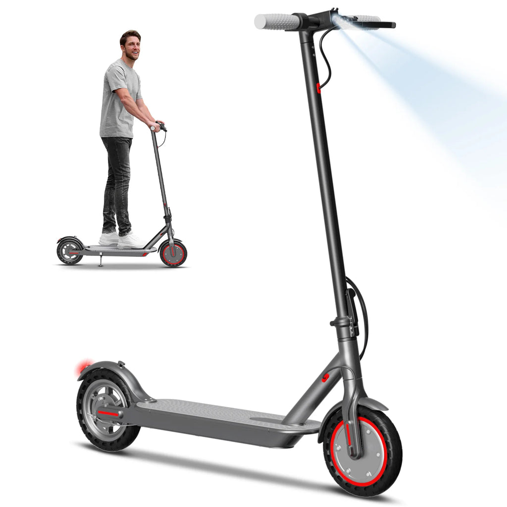 Dark gray AOVOPRO adult electric scooter with 8.5-inch tires, handlebars, bright headlight, and a man riding it.
