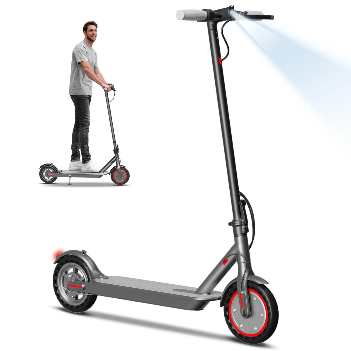 Dark gray AOVOPRO adult electric scooter with 8.5-inch tires, handlebars, bright headlight, and a man riding it.