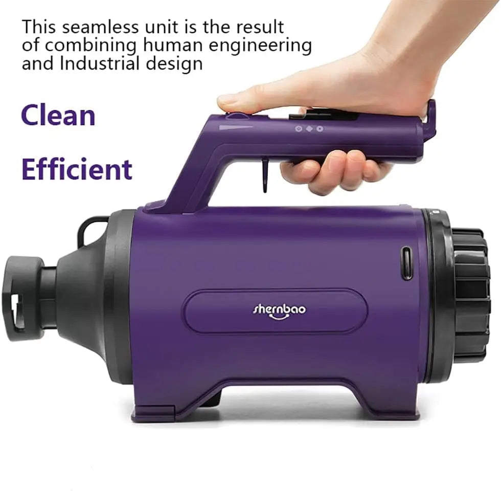 A handheld, purple professional pet hair dryer with an ergonomic grip, control settings and a compact design.