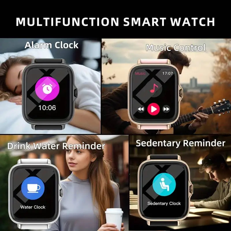 Four square smartwatches in black, rose gold, silver, and gold showing fitness, alarm, and music control features.