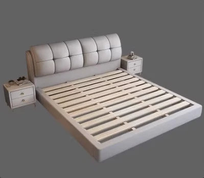 Minimalist grey queen bed frame with a button-tufted headboard and wooden slatted base, plus two matching side tables.