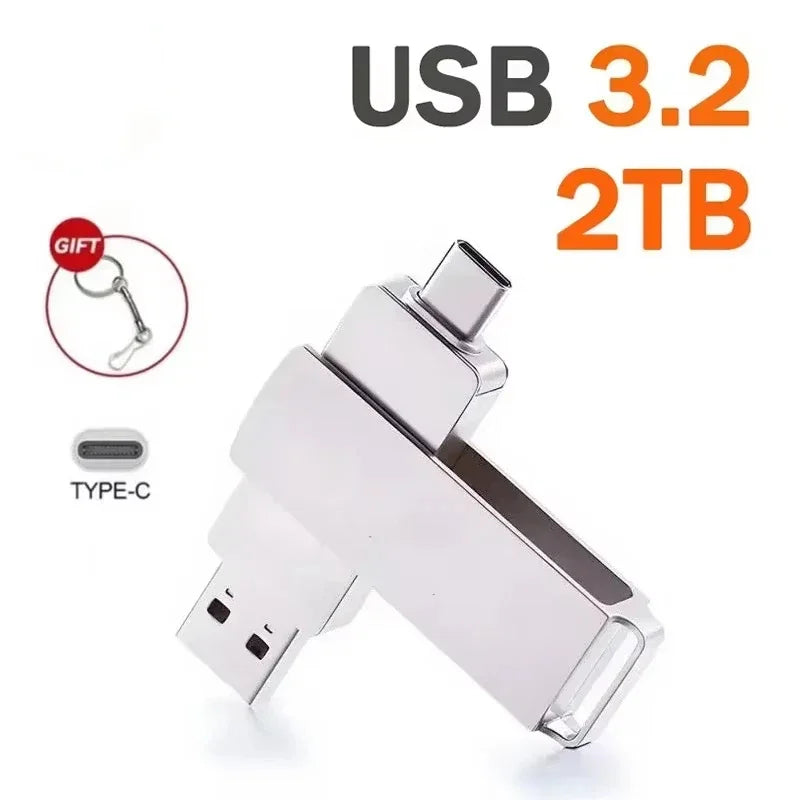 Silver 2-in-1 USB 3.2 flash drive featuring both USB-A and Type-C connectors, with a metal finish and keyring included.