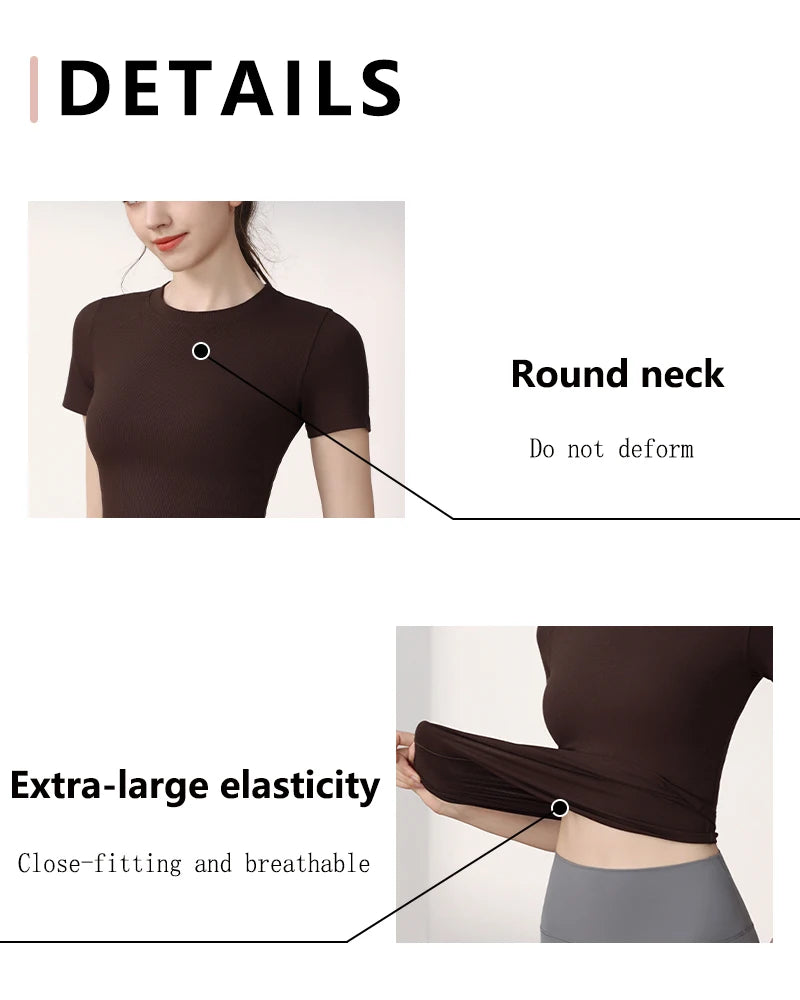Dark brown, close-fitting, breathable short-sleeved t-shirt with a durable round neck and extra-large elasticity.