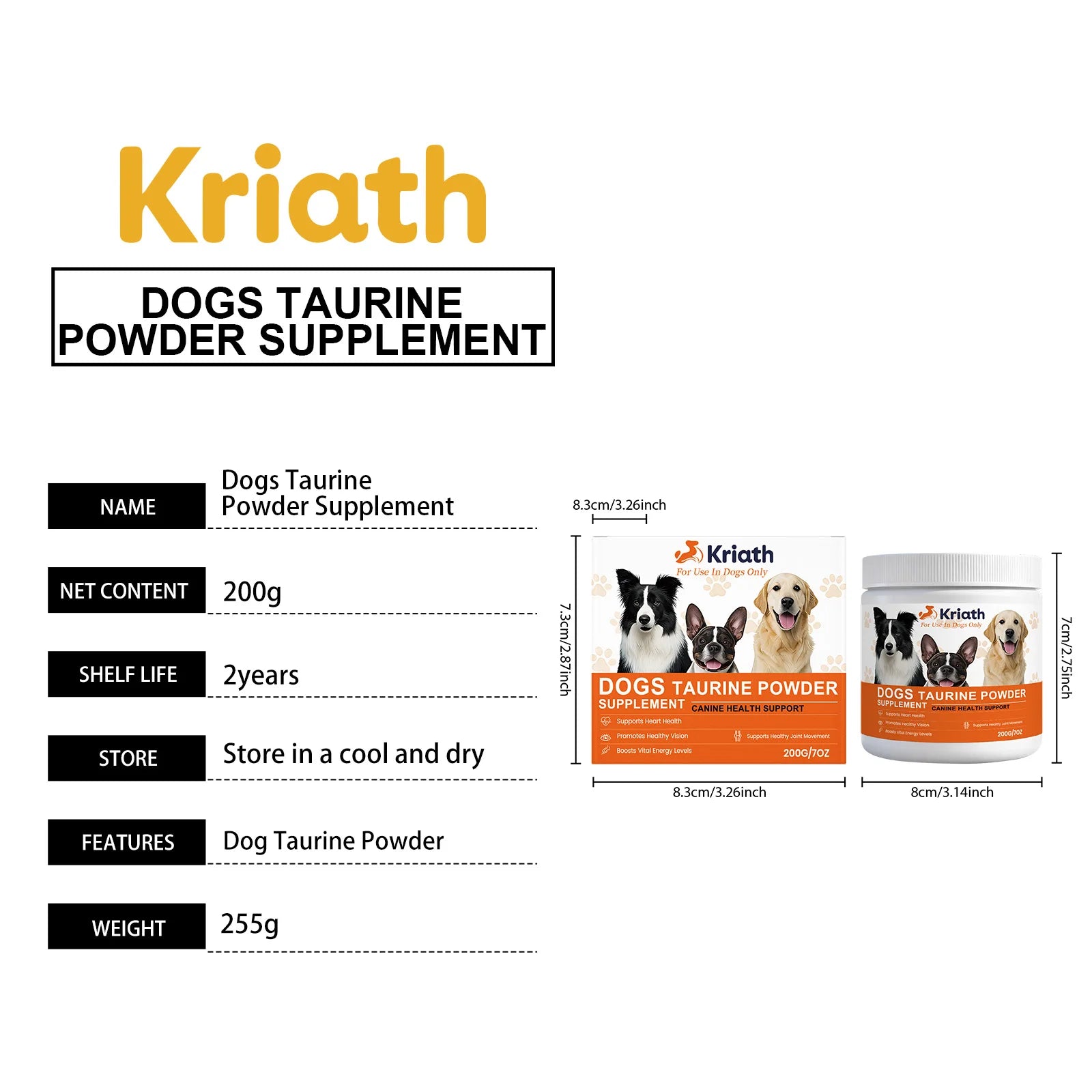 200g taurine powder supplement for dogs in a white jar, orange label with three dog portraits, and product details.