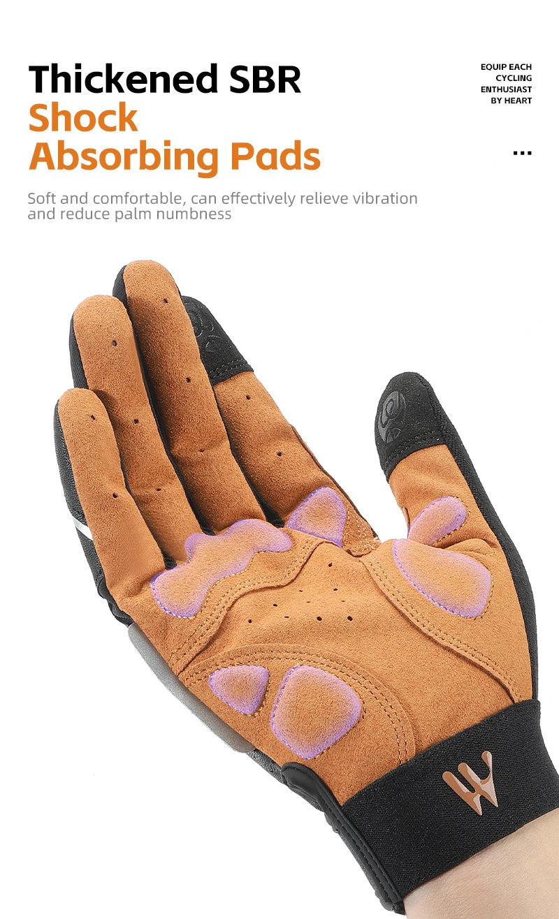 Tan and black cycling gloves featuring purple shock-absorbing palm pads and a breathable, perforated design.