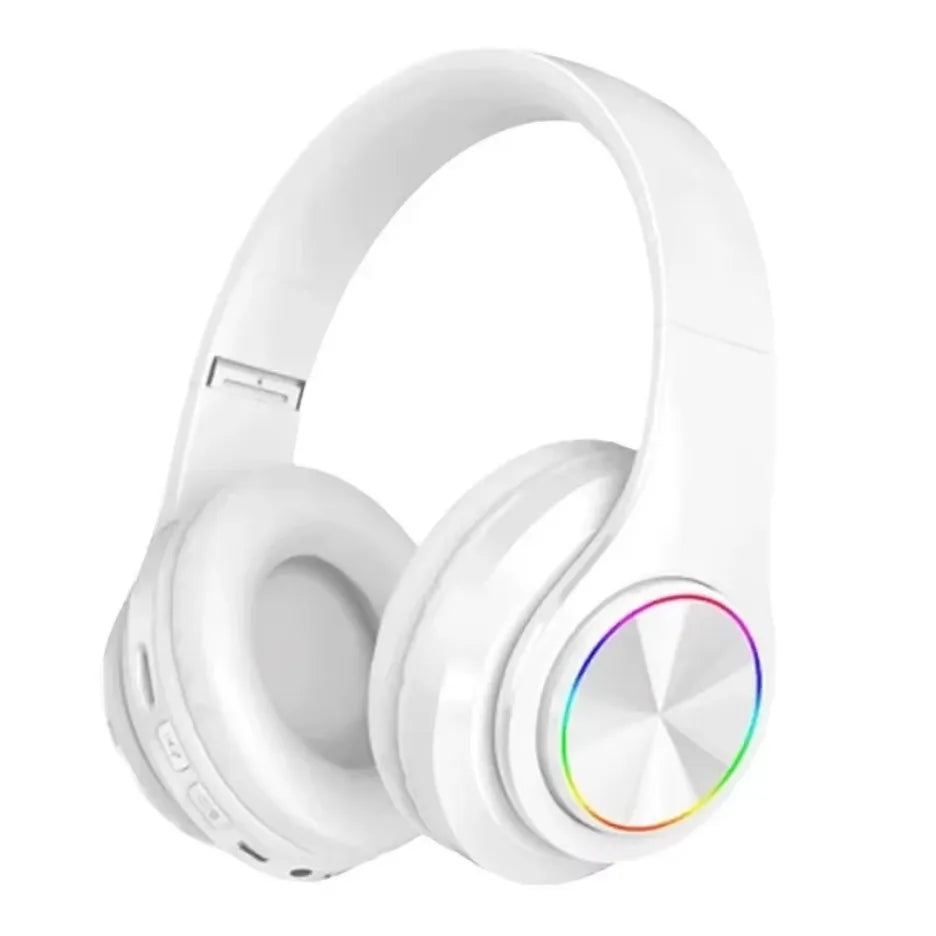 White wireless gaming headset with plush ear cushions and circular LED light accents on the earcups.