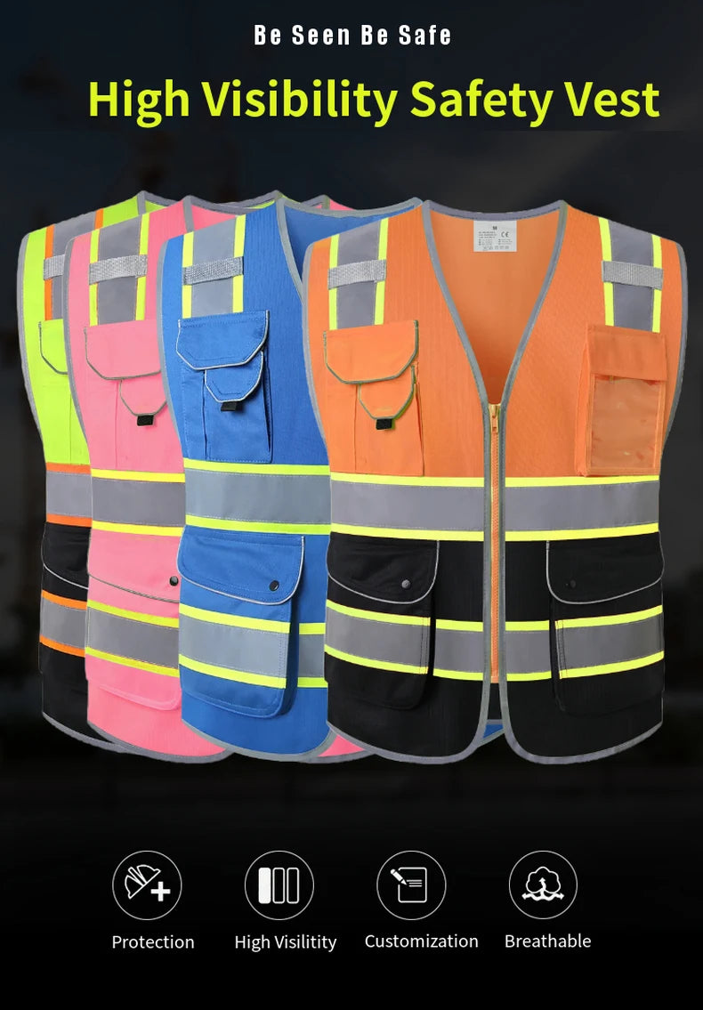 A collection of high-visibility workwear vests with reflective strips, multiple utility pockets, and zip-up fronts.