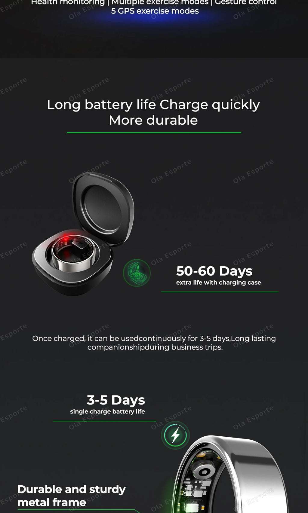 Sleek silver smart fitness ring in a black charging case, featuring a durable metal frame and long battery life.