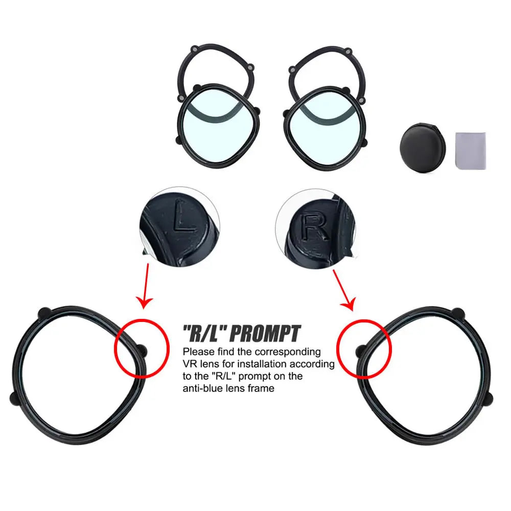 Black prescription VR lenses with circular blue-tinted glass, a storage case, and a cleaning cloth.