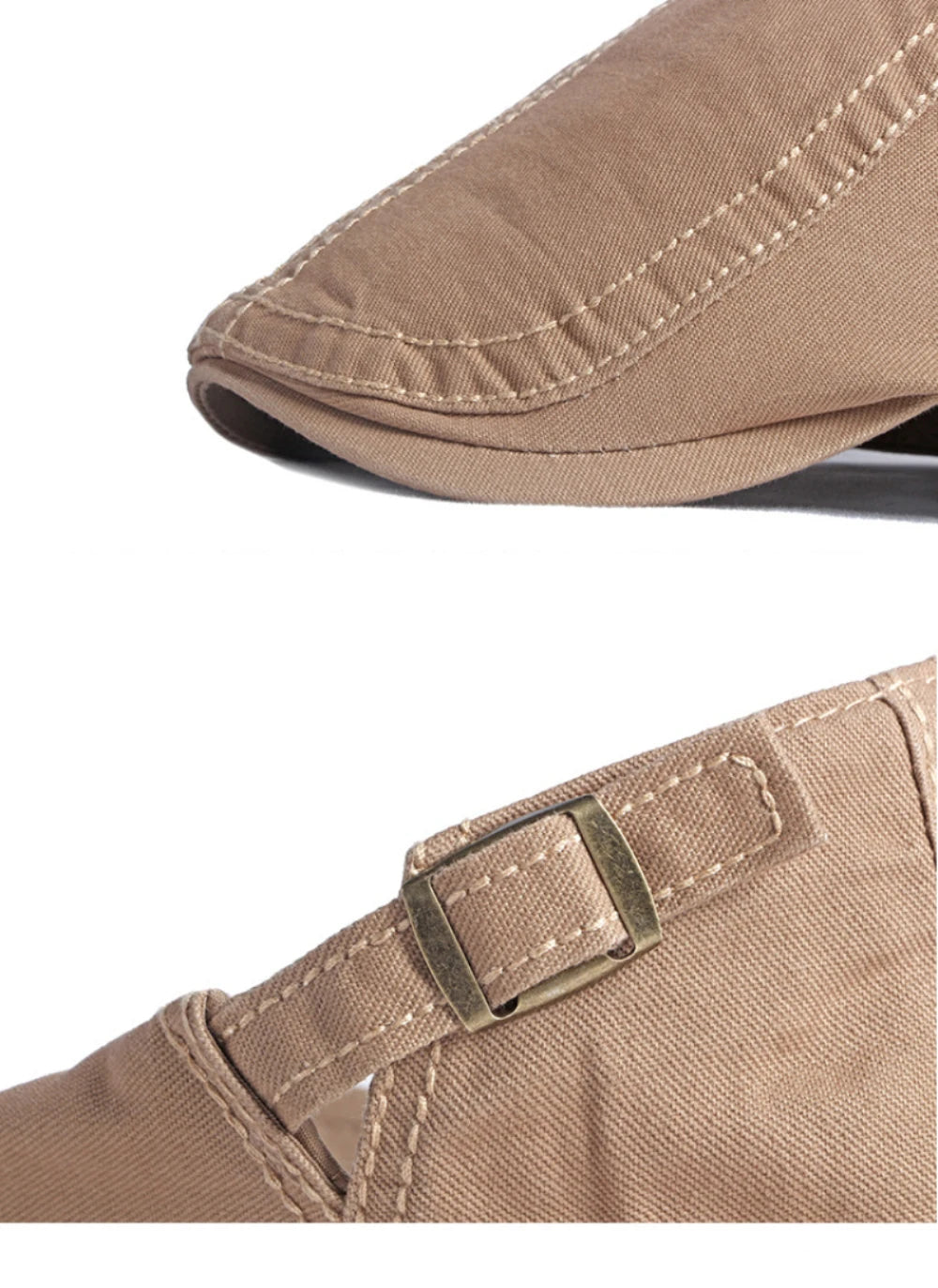 Close-up of a tan cotton flat cap featuring visible stitched detailing and an adjustable brass buckle strap.
