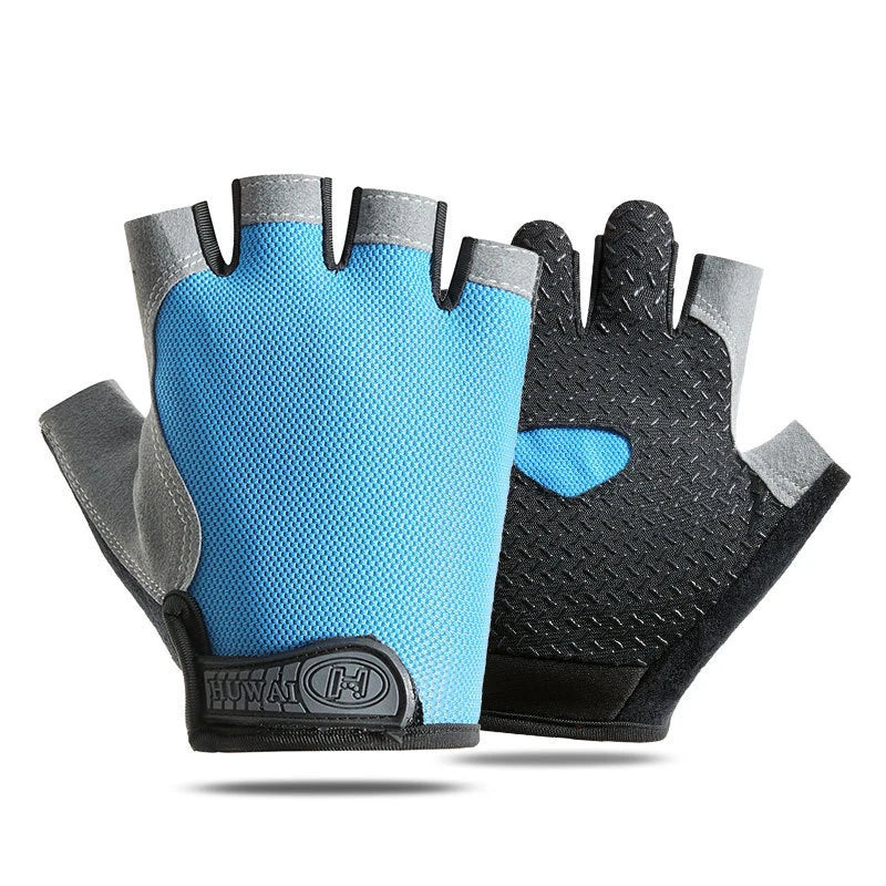 Pair of blue and grey fingerless cycling gloves with black textured palms and a Velcro wrist strap.