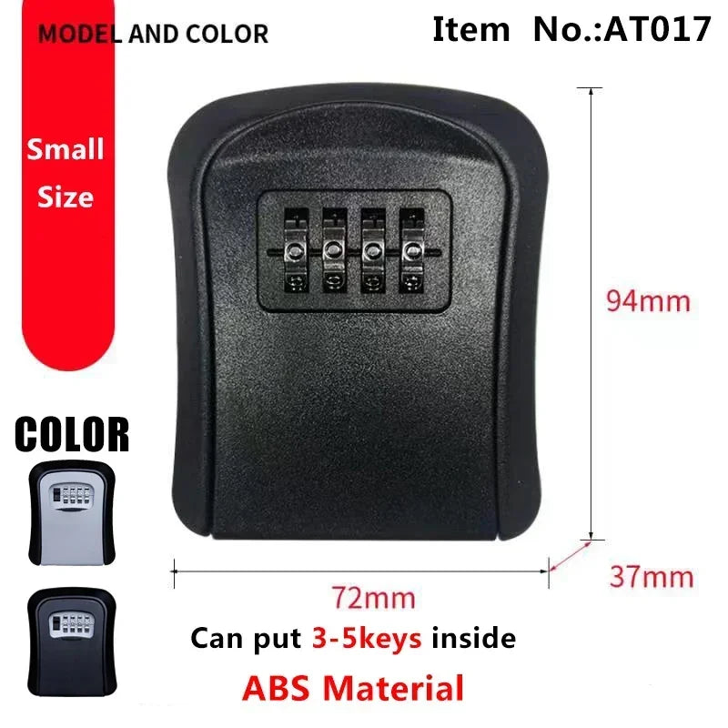 Small black ABS plastic key lock box with a four-digit combination dial, measuring 94mm by 72mm.