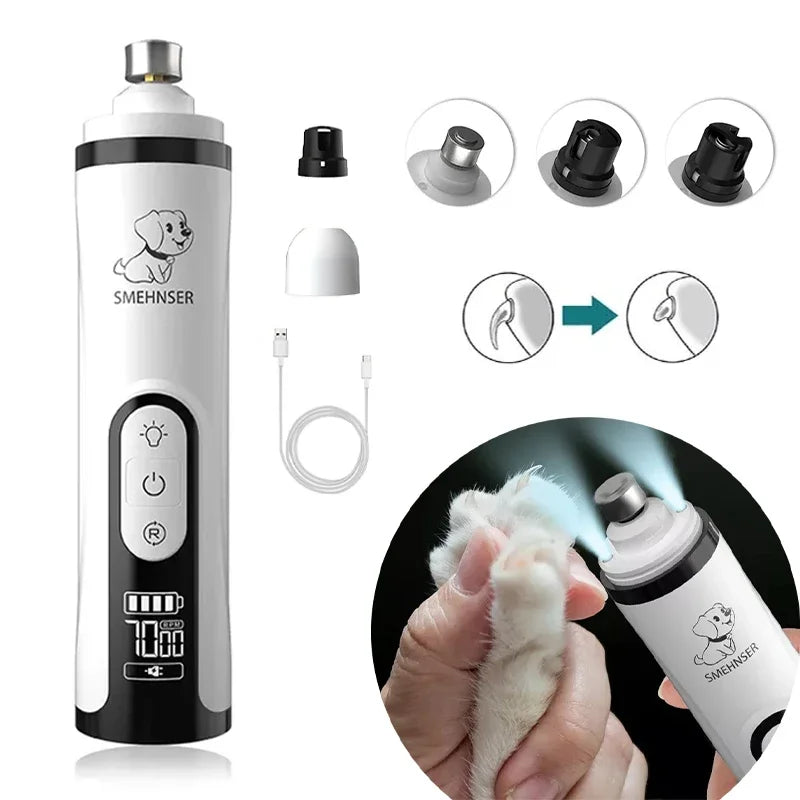 White electric pet nail grinder with LED light, digital display, multiple grinding heads and a USB charging cable.